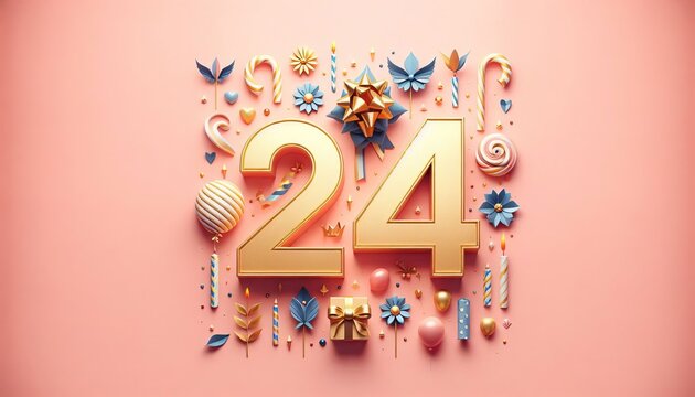 Festive number 24 with colorful decorations and candles, ideal for birthdays, anniversaries, and special celebrations in a vibrant setting