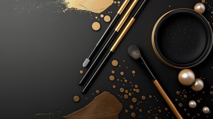 Luxury makeup theme with black and golden brushes, powder splash, and pearls on a dark background Represents sophistication and elegance in cosmetics