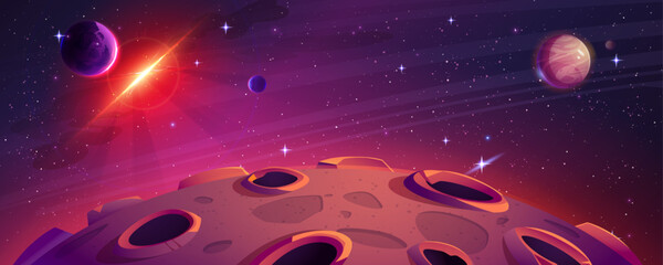 Moon surface against space background. Vector cartoon illustration of alien landscape with craters, planet globes, stars shimmering in dark sky, asteroid light flash in darkness, mysterious galaxy © klyaksun