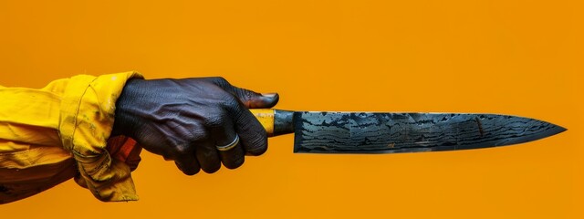  A tight shot of an individual wielding a knife with a yellow fabric covering their forearm Yellow wall in the backdrop
