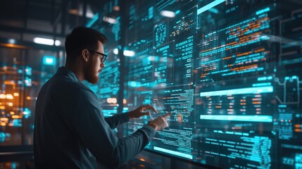 A programmer analyzes code on a transparent screen in a data center, surrounded by servers and digital data streams. AIG41 - Powered by Adobe