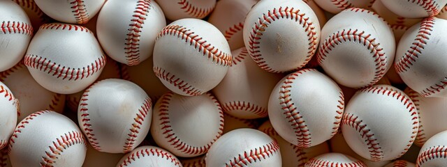  A tight shot of several white baseballs with red stitching visible from their interiors