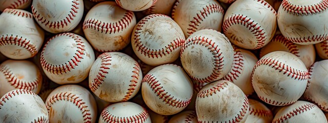  A tight shot of several white baseballs with red stitching visible on their interiors