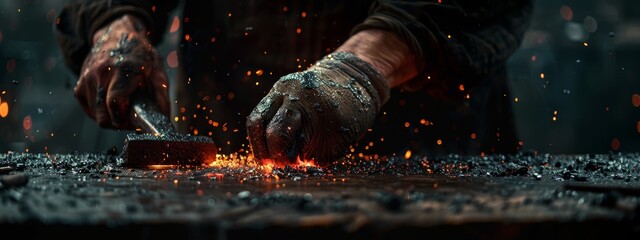  A tight shot of hands in gloves, forging metal near a blazing flame