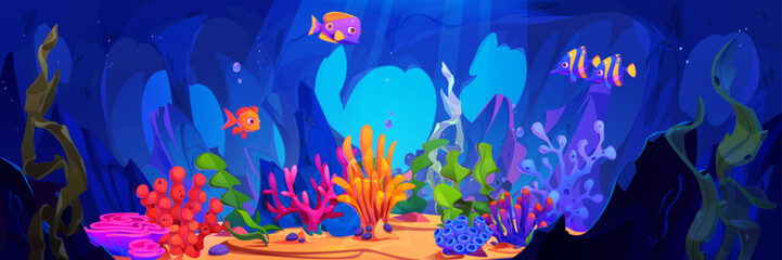 Underwater world with fish and seaweed. Vector cartoon illustration of sea bottom with exotic fauna and tropical plants growing in sand, coral reef, sunlight and bubbles in water, seabed wildlife © klyaksun