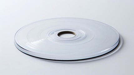 Close view of a white disc in an open tray on a white background used for computer data recording and storage