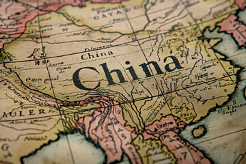 Naklejka premium Close-up of China on an old Asia map and vintage paper.