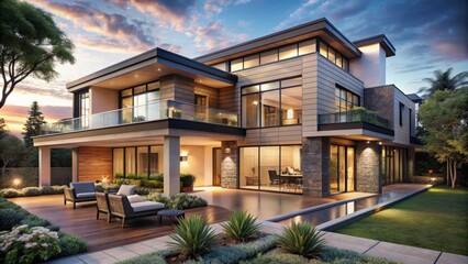 Fototapeta premium Modern 3D architectural rendering of a luxurious two-story residential building with a spacious backyard and exquisite exterior design elements.