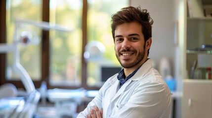 Obraz premium A man wearing a dentists coat poses straight face businessman, business, people, smiling, handsome, office, person, smile, suit, looking, manager, serious, confident, face, success, guy, tie, model,