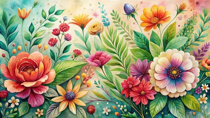 Vibrant whimsical watercolor botanical illustration of blooming flowers and lush foliage on textured paper with subtle color bleeding effects.