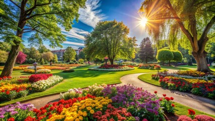 Obraz premium Vibrant colors of a tranquil city park on a sunny summer day, lush greenery and blooming flowers in warm natural light.