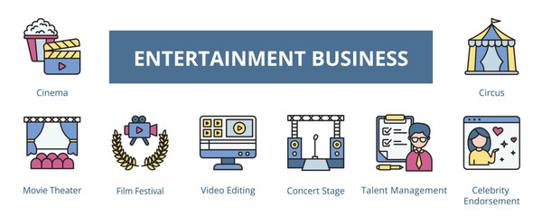 Entertainment Business Lineal Color Banner Web Icon Set Vector Illustration, Cinema Movie Theater Film Festival Video Editing Concert Stage Talent Management Celebrity Endorsement Circus