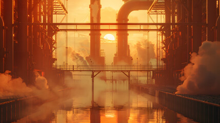 inside a factory on titan, fire, oven, steam, pipes coming out of the lake