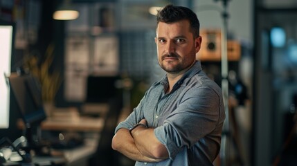 Obraz premium A man wearing an editors outfit poses straight , people, businessman, business, person, smiling, city, guy, woman, handsome, street, casual, looking, lifestyle, face, smile, one, men, worker, restaura