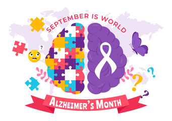 World Alzheimer's Day Vector Illustration featuring an Elderly and a Brain Jigsaw Puzzle Symbolizing Memories on a Purple Ribbon Flat Background