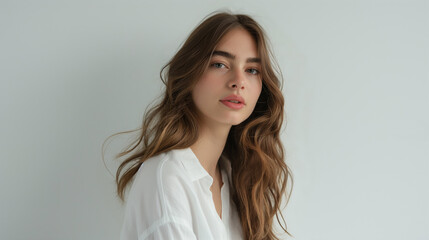 Fototapeta premium A stunning supermodel in her 20s wearing a classic white top dress, posing and looking at the camera, head, and shoulder shot with diffuse lighting on a white background