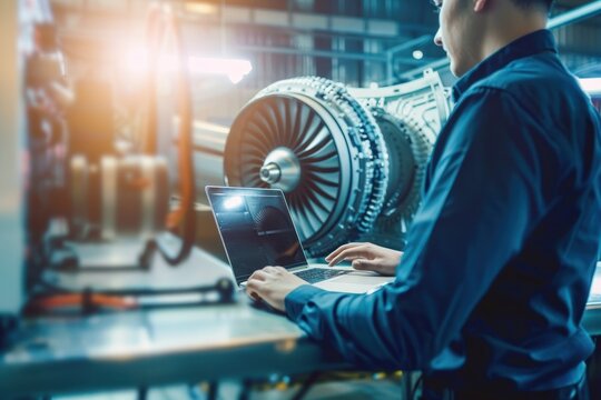 Engineer working on a laptop next to an aircraft engine