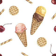 Ice cream cones, waffles and cherries watercolor seamless pattern. Whimsical hand painted clipart for textiles, wallpaper, packaging. Sweet dessert theme fabric for summer decor and scrapbooking