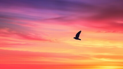 Fototapeta premium Bird in Silhouette Flying towards Colorful Sunset Sky Banner
