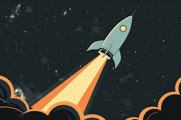 digital art illustration 2d of a spaceship launching. blue and charcoal black, and off white colors. minimalist and simple background.