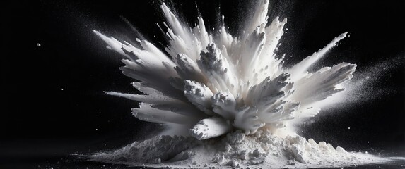 White powder dramatically explodes against a dark background, symbolizing energy, impact, and force, ideal for dynamic concepts and visual effects