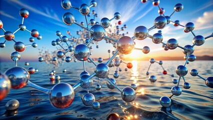 Realistic daylight view of 3D molecular structure of water molecules in a scientific microbiology background with intricate atomic details visible.