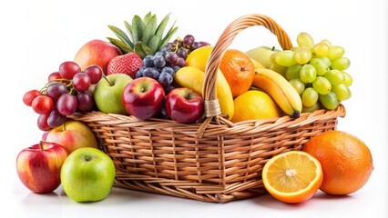 Vibrant assortment of fresh fruits including apples, bananas, grapes, and oranges artfully arranged in a wicker basket on pure white background.