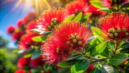 Vibrant crimson Pohutukawa flowers bloom on a branch against a blurred background of lush green tropical foliage in bright sunlight.