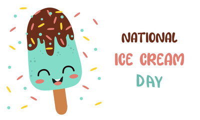 National Ice Cream Day greeting card. A waffle cone with various balls of fruit ice cream. Creamy, vanilla, chocolate, berry, gelato or sorbet. Template for background, banner, postcard, poster
