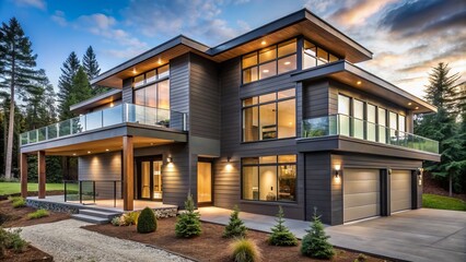 Obraz premium Newly constructed modern house with sleek exterior walls, large windows, and finishing touches of roofing and siding underway outside.