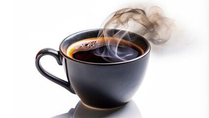 Stunning high-contrast image of a steaming hot black coffee filled ceramic mug isolated on a pristine white background.