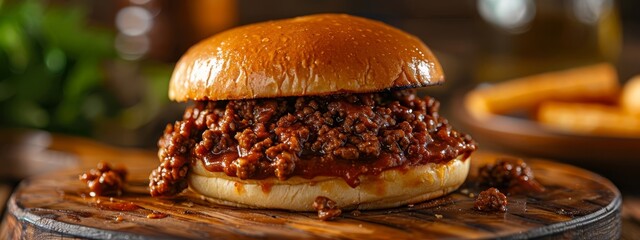  A Sloppy Joe sandwich sits atop a weathered cutting board, surrounded by a plate of golden French fries and a frosty mug of beer