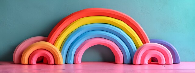Obraz premium A collection of plastic rainbows atop a pink floor Nearby, a blue wall dominates the foreground, while a green wall recedes into the background