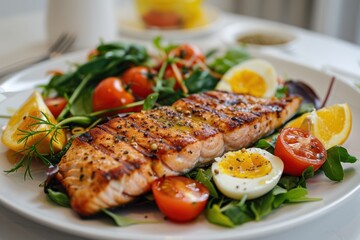 A plate of food with a grilled salmon, tomatoes, and eggs