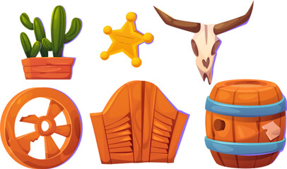 Wild west saloon decorative elements. Cartoon vector set of cowboy tavern creation objects - wooden double doors and barn with drinks, broken wood wheel and cactus in pot, sheriff star and cow skull. © klyaksun