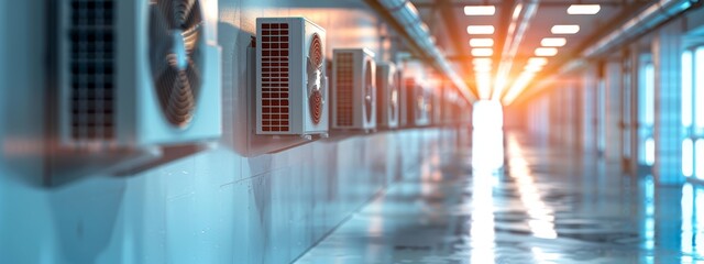 Obraz premium A row of servers in a server room, sunlight filtering through windows on their side