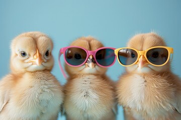Three baby chicks wearing sunglasses and pink glasses