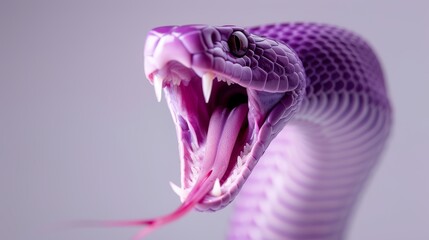 Obraz premium Aggressive purple snake with mouth agape, preparing to bite a human arm, light background accentuating the vivid colors and intense moment, focus on the snake's sharp fangs