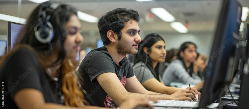 Poster group of dedicated programmers coding together on computers, wearing headphones in a modern setting.