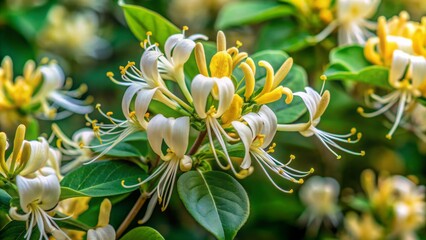 Fototapeta premium Delicate white Lonicera japonica flowers with yellow tints bloom on an evergreen vine shrub against a lush green natural backdrop.