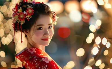 Tradition asian woman in red cloth. Traditional festival holiday celebrate. Attractive female portrait. Beautiful chinese young girl