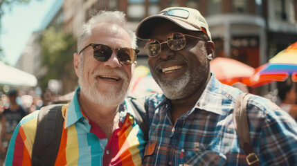 A happy gay couple - a white man and a black man at an LGBT parade. Two elderly gray-haired men are smiling and walking in the city. Meeting of two friends