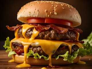 Juicy Cheeseburger with Melting Cheddar Cheese, Crispy Bacon, Fresh Lettuce, and Tomato on Wooden Board