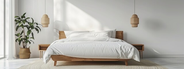  A bed dressed in white linens featuring pillows, adjacent to a potted plant within the room