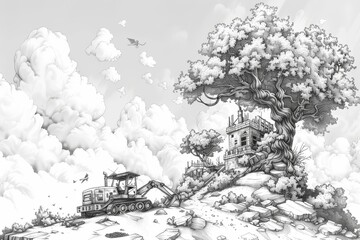 Fototapeta premium Black and white detailed illustration of a tree and house showcasing intricate line art and nature in a calm setting