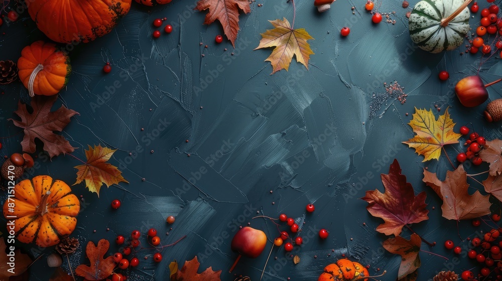 Poster autumn themed arrangement with autumn items top down view with space for text