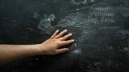 Left handed person with chalk on black background