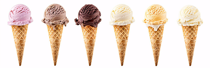 Collection of colorful ice cream cones on a white background, perfect for summer treats and dessert menus.