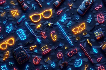 Neon themed pattern with glasses books and other objects creating a vibrant and playful design