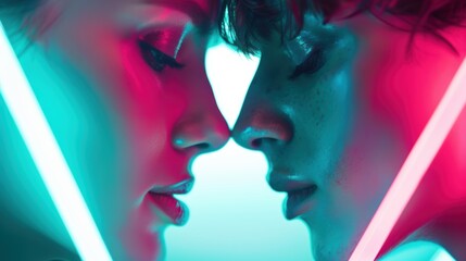 Fototapeta premium Close-up of a couple in love, their faces softly lit by neon lights that highlight their expressions and emotions.